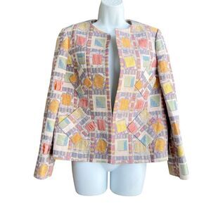 Lourdes Chavez Silk Jacquard Knit Jacket Size 10 Multicolor Patchwork Pockets